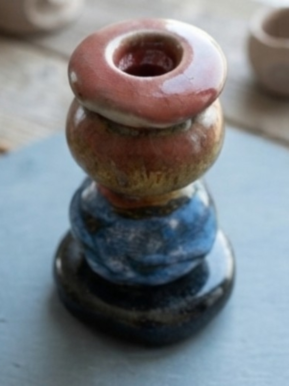Handmade Studio Pottery Taper Candle Holder Stacked Multi-Color Glaze Cairn